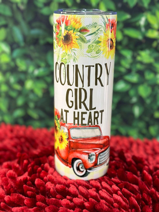 Country Girl at Heart 20oz Stainless Steel Tumbler – Rustic Red Truck & Sunflower Design | Hot or Cold Drink Cup - Daisy Designs & Creations, LLC