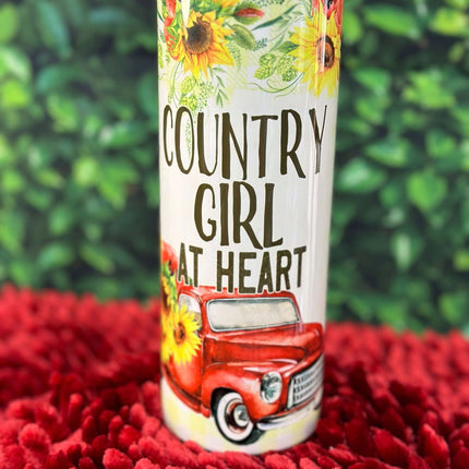 Country Girl at Heart 20oz Stainless Steel Tumbler – Rustic Red Truck & Sunflower Design | Hot or Cold Drink Cup - Daisy Designs & Creations, LLC