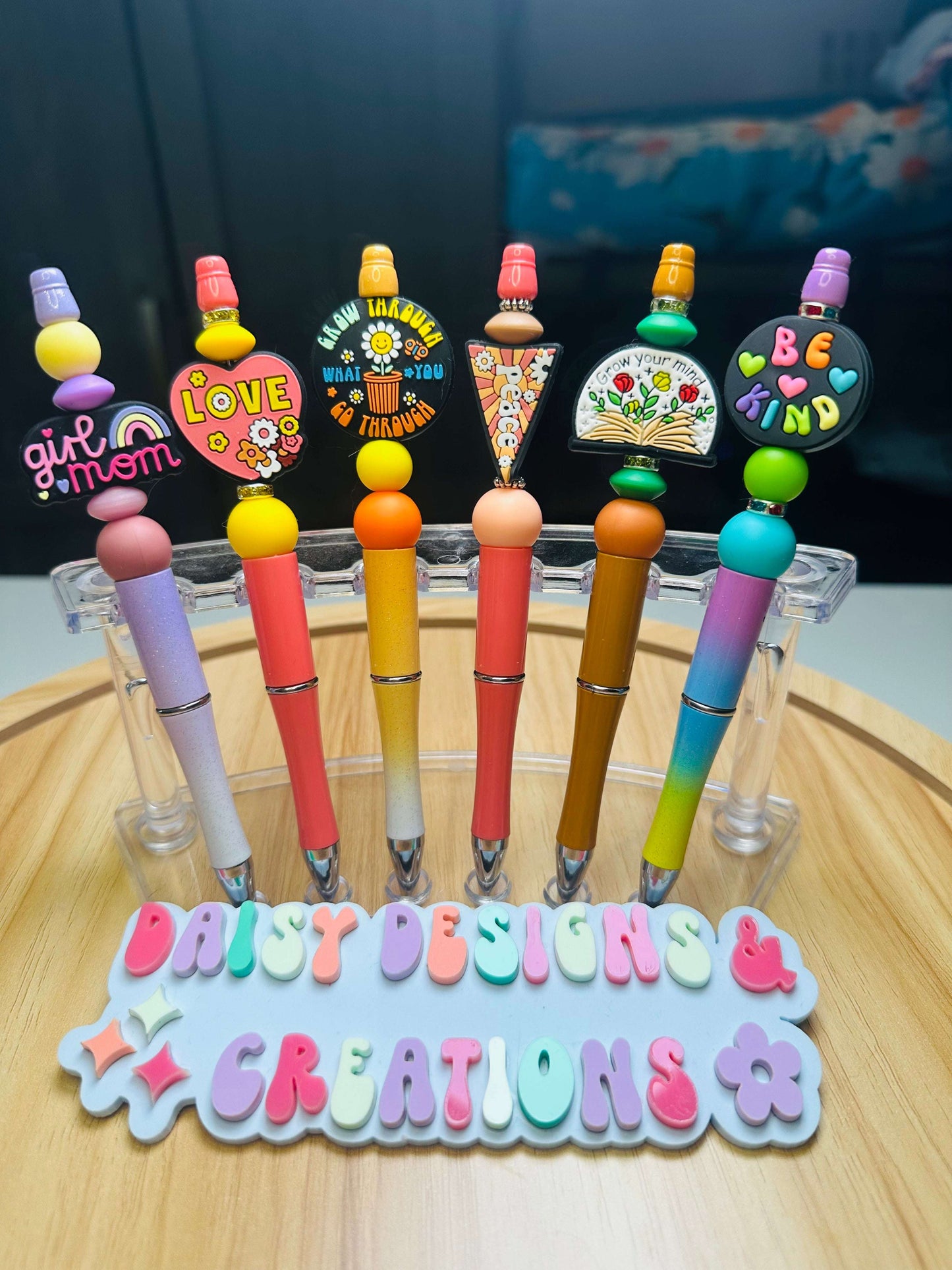 Custom Acrylic Beaded Pens – BPA Free Silicone & Focal, Retro Groovy Collection Beaded Pen collection Beaded Pens 6 Daisy Designs & Creations LLC