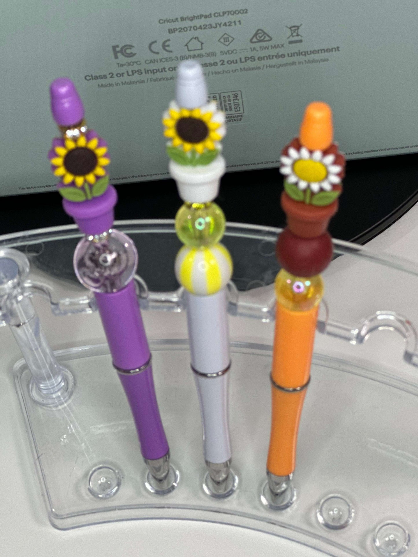 Custom Beaded Pens - Sunflower Pot Plant Design, Refillable Black Ink, Silicone & Acrylic Beads Beaded Pen collection Beaded Pens 6 Daisy Designs & Creations LLC