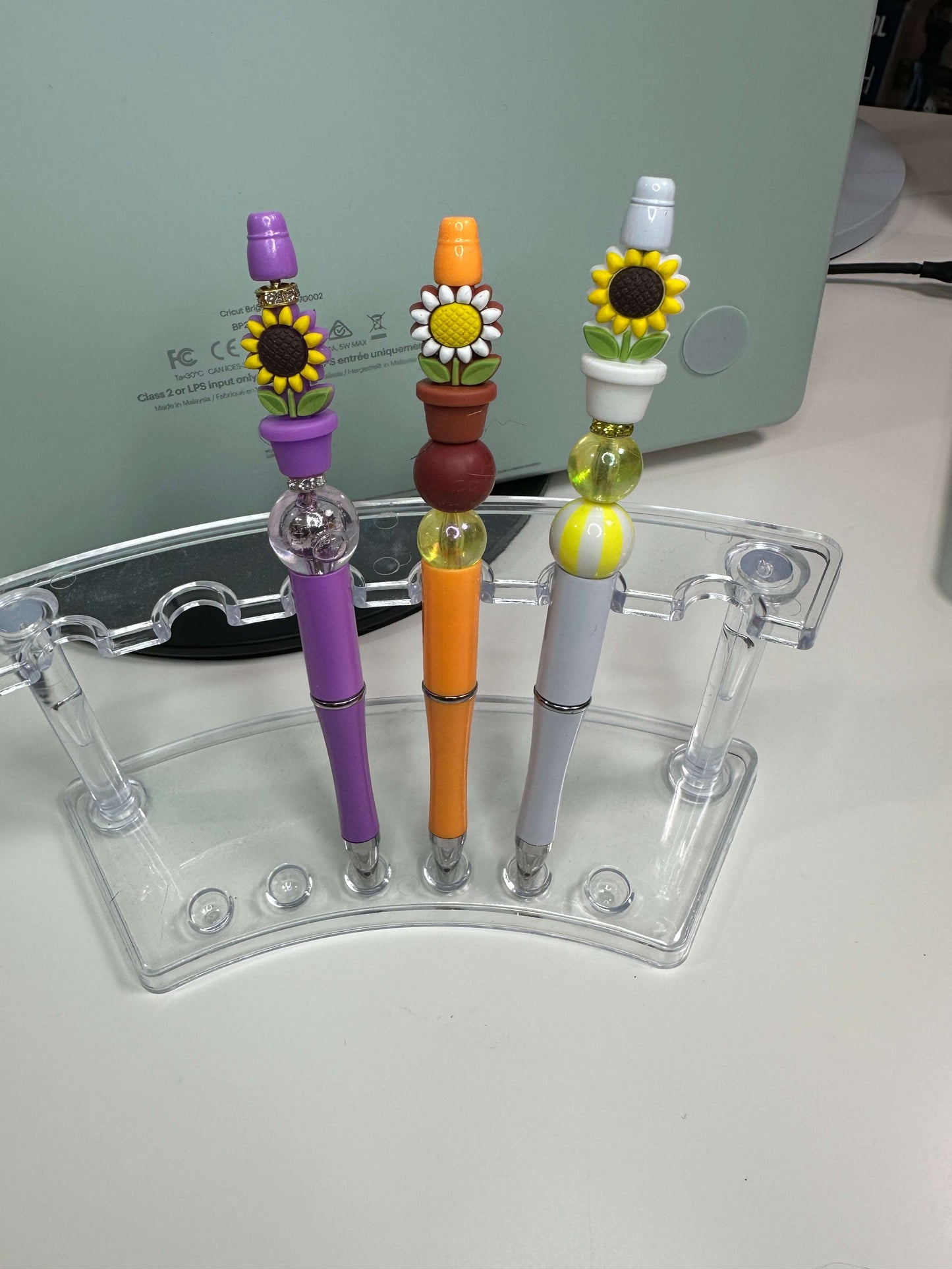 Custom Beaded Pens - Sunflower Pot Plant Design, Refillable Black Ink, Silicone & Acrylic Beads Beaded Pen collection Beaded Pens 6 Daisy Designs & Creations LLC