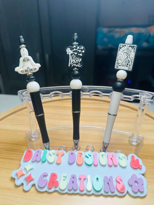 Custom Beaded Pens with BPA-Free Silicone Beads and Rhinestone Bling - The Buddha, Blow Me & Skelly Skeleton - The Reader Beaded Pen collection Beaded Pens 6 Daisy Designs & Creations LLC