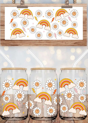 Daisies & Rainbow Clouds 16oz Can Glass – Colorful Libbey Glass Cup with Bamboo Lid & Straw | Whimsical Drinkware - Daisy Designs & Creations, LLC