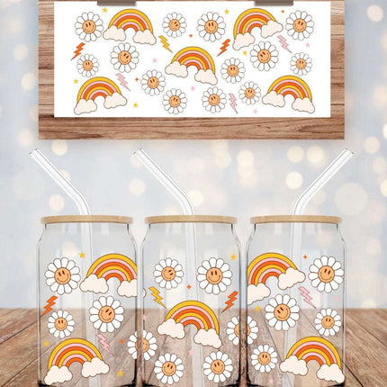 Daisies & Rainbow Clouds 16oz Can Glass – Colorful Libbey Glass Cup with Bamboo Lid & Straw | Whimsical Drinkware - Daisy Designs & Creations, LLC