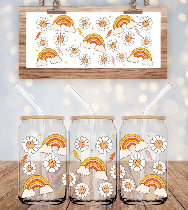 Daisies & Rainbow Clouds 16oz Can Glass – Colorful Libbey Glass Cup with Bamboo Lid & Straw | Whimsical Drinkware - Daisy Designs & Creations, LLC