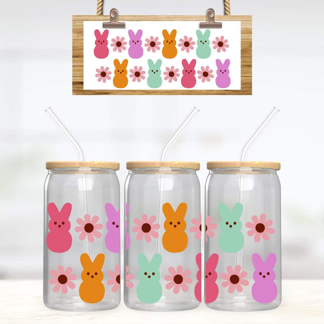 Easter Bunny 16oz Libbey Can Glass – Spring Drinkware with Bamboo Lid & Straw | Pastel Marshmallow - Inspired Bunnies | Handcrafted Glass Cup - Daisy Designs & Creations, LLC