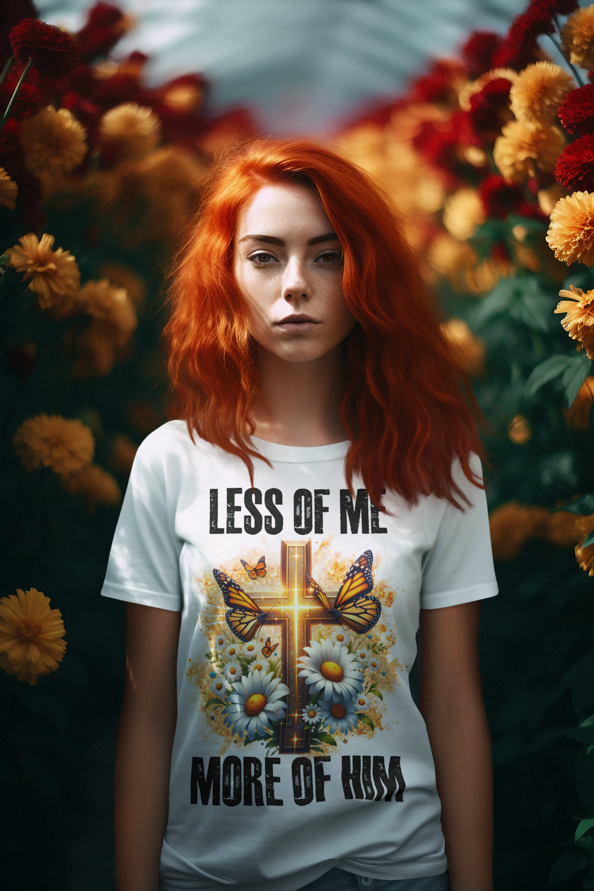 Faith in Full Bloom: 'Less of Me -More of Him' T-shirt with Vibrant Cross and Daisy Design Empowering T-Shirt Collection T-Shirt 23 Daisy Designs & Creations LLC