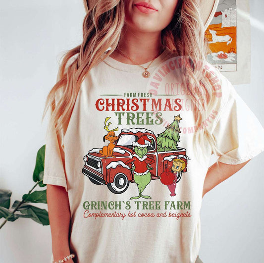 Farm Fresh Christmas Trees - Grinches Tree Farm Complimentary Hot Cocoa and Beignets Crew Neck & Tee Christmas Collection 27 Daisy Designs & Creations LLC