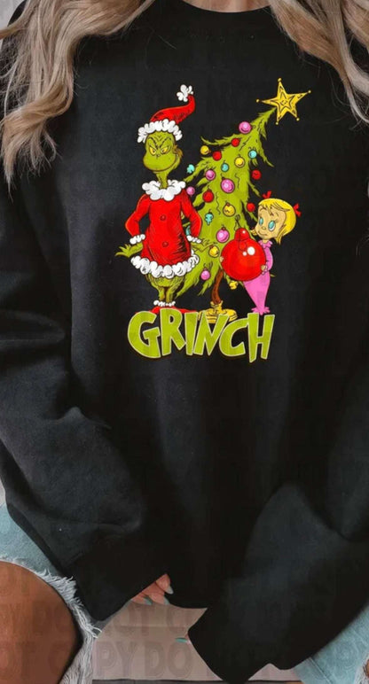 Grinch and Cindy Lou Who Black Crew Neck - Festive Fun with Leaning Christmas Tree Design Christmas Collection 38 Daisy Designs & Creations LLC