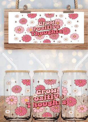 Grow Positive Thoughts 16oz Can Glass – Boho Daisy Floral Libbey Cup with Bamboo Lid & Straw | Inspirational Drinkware - Daisy Designs & Creations, LLC
