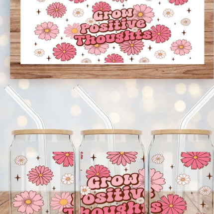 Grow Positive Thoughts 16oz Can Glass – Boho Daisy Floral Libbey Cup with Bamboo Lid & Straw | Inspirational Drinkware - Daisy Designs & Creations, LLC