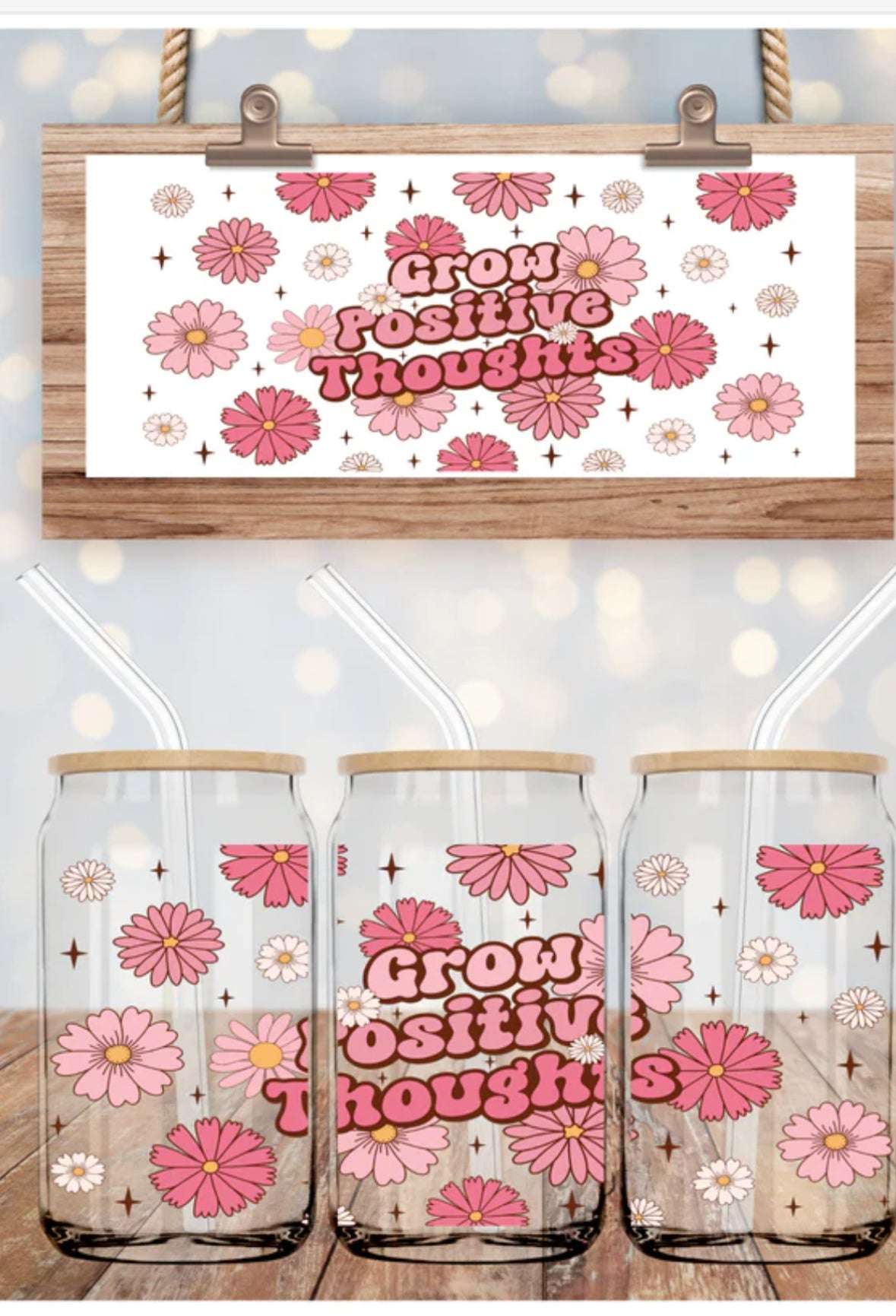 Grow Positive Thoughts 16 oz Libbey Glass Libbey/Beer Glass Lids Beer Glass 15 Daisy Designs & Creations LLC