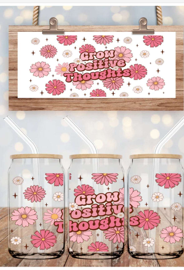 Grow Positive Thoughts 16oz Can Glass – Boho Daisy Floral Libbey Cup with Bamboo Lid & Straw | Inspirational Drinkware - Daisy Designs & Creations, LLC