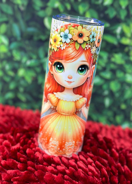 Scarlet Sprite 20oz Stainless Steel Tumbler – Fairy Girl Insulated Drinkware | Whimsical Red Dress & Floral Crown Design - Daisy Designs & Creations, LLC