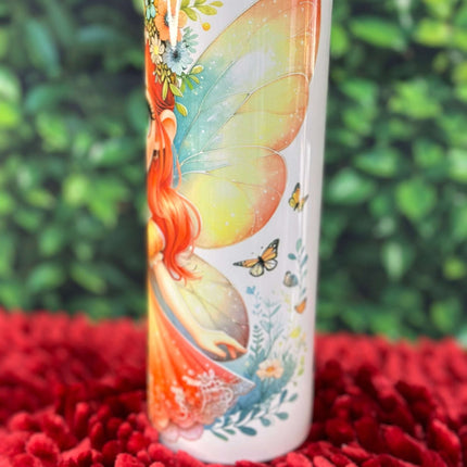 Scarlet Sprite 20oz Stainless Steel Tumbler – Fairy Girl Insulated Drinkware | Whimsical Red Dress & Floral Crown Design - Daisy Designs & Creations, LLC