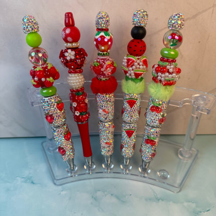 Summer Fruit Glam Rhinestone Beaded Pens – Refillable Black Ink | Strawberry, Cherry & Watermelon Desk Accessories