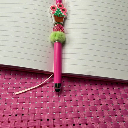 Bright Pink Stylus Pen with Pink Flower focal. Has pink rhinestone bead with green fluffy spacer & rhinestone spacer