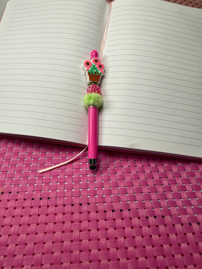 Bright Pink Stylus Pen with Pink Flower focal. Has pink rhinestone bead with green fluffy spacer & rhinestone spacer