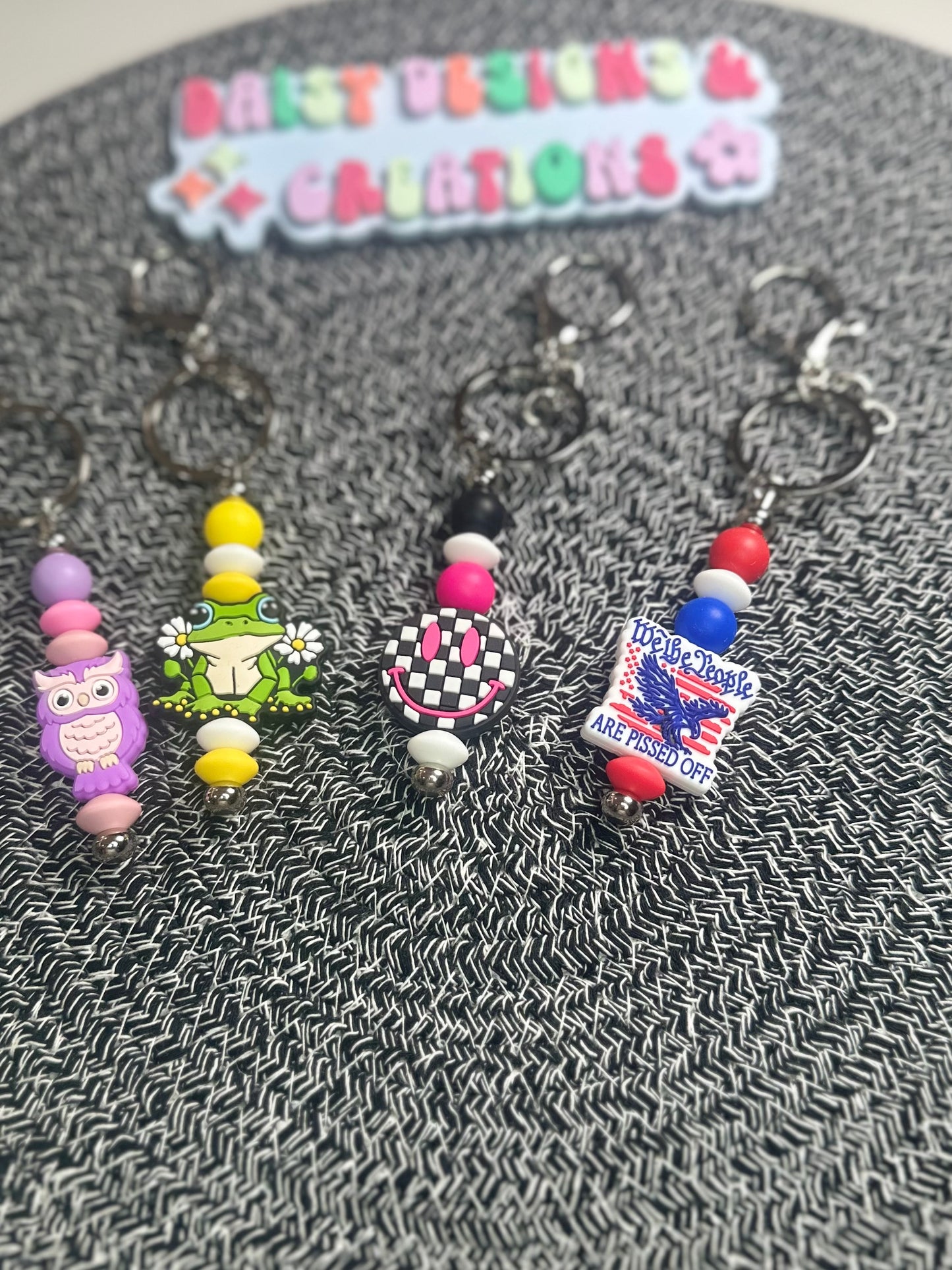 Leaping Frog, Purple Owl, Pink Smiley, & We the People Beaded Keychains | Stylish & Fun