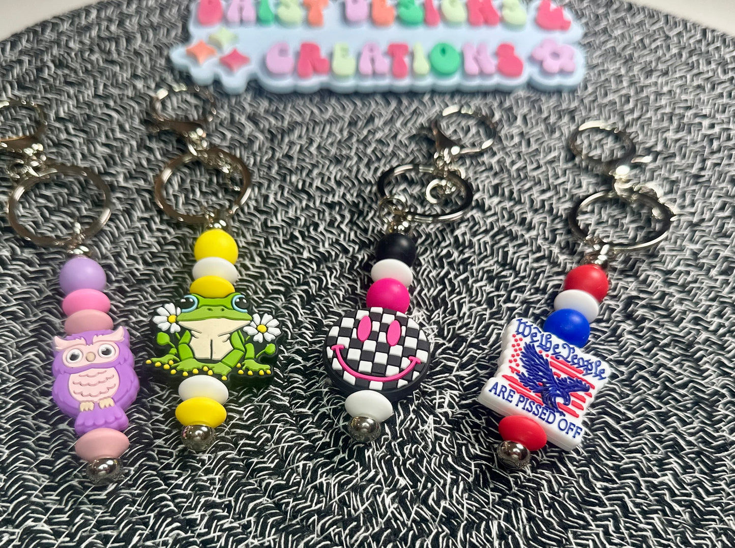 Leaping Frog, Purple Owl, Pink Smiley, & We the People Beaded Keychains | Stylish & Fun