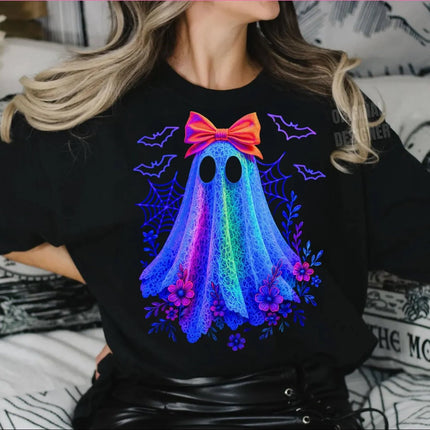 Gretchen The Blue Neon Ghost Halloween Shirt or Sweatshirt – Retro Boho Girly Ghost with Bow, Limited Edition Glow Vibe - Daisy Designs & Creations, LLC