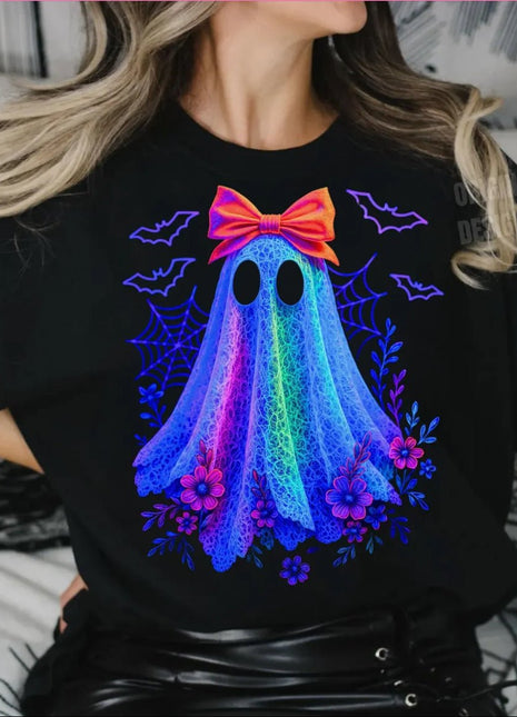 Gretchen The Blue Neon Ghost Halloween Shirt or Sweatshirt – Retro Boho Girly Ghost with Bow, Limited Edition Glow Vibe - Daisy Designs & Creations, LLC