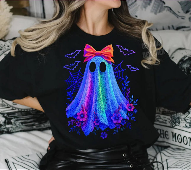Gretchen The Blue Neon Ghost Halloween Shirt or Sweatshirt – Retro Boho Girly Ghost with Bow, Limited Edition Glow Vibe - Daisy Designs & Creations, LLC