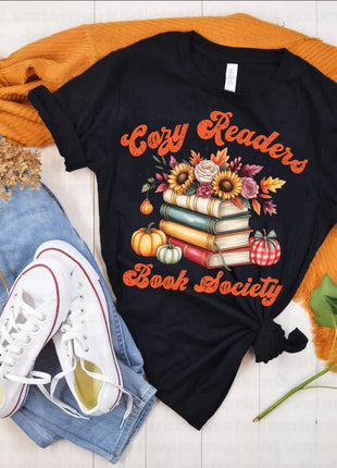 Cozy Readers Book Society T-Shirt – Fall Bookish Graphic Tee, Autumn Floral Books & Pumpkins Shirt for Book Lovers - Daisy Designs & Creations, LLC