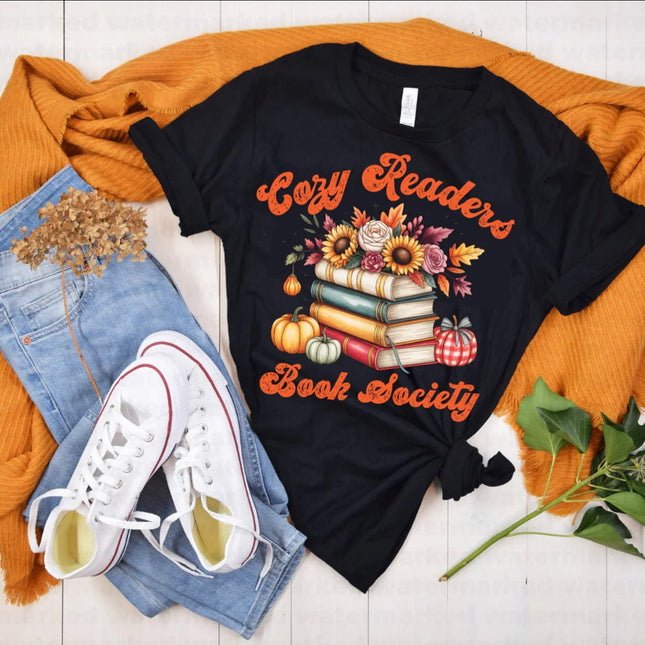 Cozy Readers Book Society T-Shirt – Fall Bookish Graphic Tee, Autumn Floral Books & Pumpkins Shirt for Book Lovers - Daisy Designs & Creations, LLC