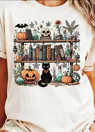 Spooky Bookshelf Shirt or Sweatshirt – Halloween Bookish Tee with Potions, Pumpkins & Cat, Cozy Witchcore Aesthetic - Daisy Designs & Creations, LLC