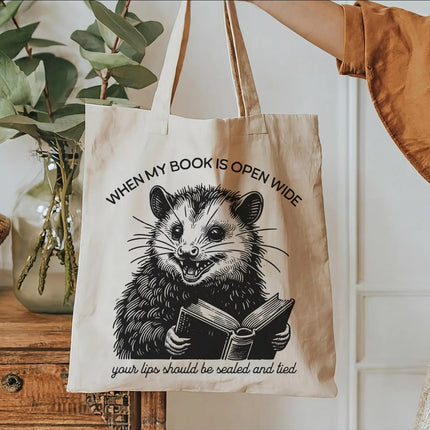 Funny Possum Book Tote – “When My Book Is Open Wide” Natural Cotton Canvas Bag with Pocket, Reusable Eco - Friendly Gift for Readers - Daisy Designs & Creations, LLC