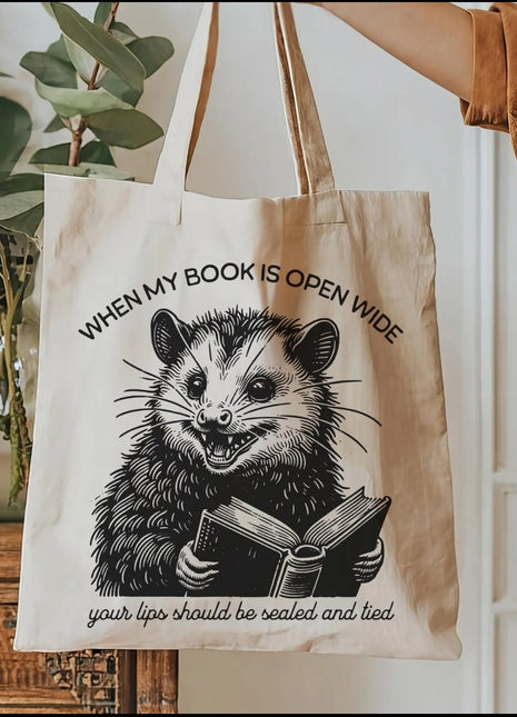 Funny Possum Book Tote – “When My Book Is Open Wide” Natural Cotton Canvas Bag with Pocket, Reusable Eco - Friendly Gift for Readers - Daisy Designs & Creations, LLC