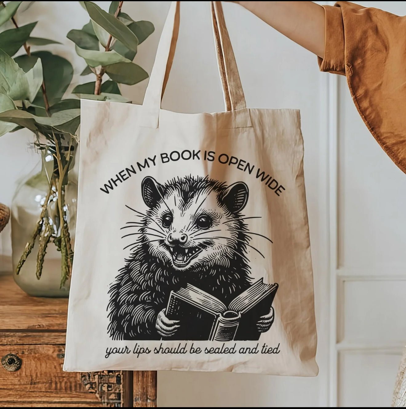 Funny Possum Book Tote – “When My Book Is Open Wide” Natural Cotton Canvas Bag with Pocket, Reusable Eco - Friendly Gift for Readers - Daisy Designs & Creations, LLC