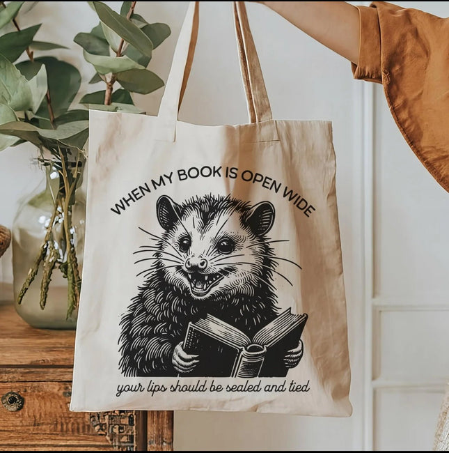 Funny Possum Book Tote – “When My Book Is Open Wide” Natural Cotton Canvas Bag with Pocket, Reusable Eco - Friendly Gift for Readers - Daisy Designs & Creations, LLC
