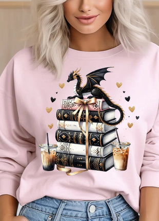Fantasy Dragon Book Stack Shirt or Sweatshirt – Magical Iced Coffee & Books Design, Gold Ribbon Aesthetic for Book Lovers - Daisy Designs & Creations, LLC