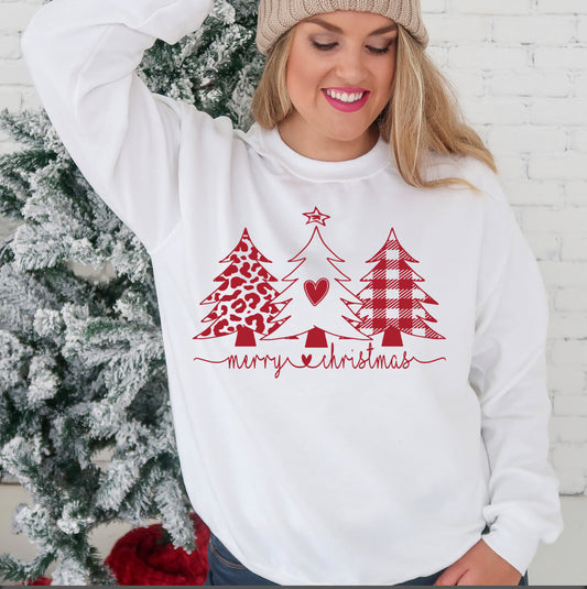 Merry Christmas Vibrant Red Trees Crewneck – Leopard, Plaid & Heart Design