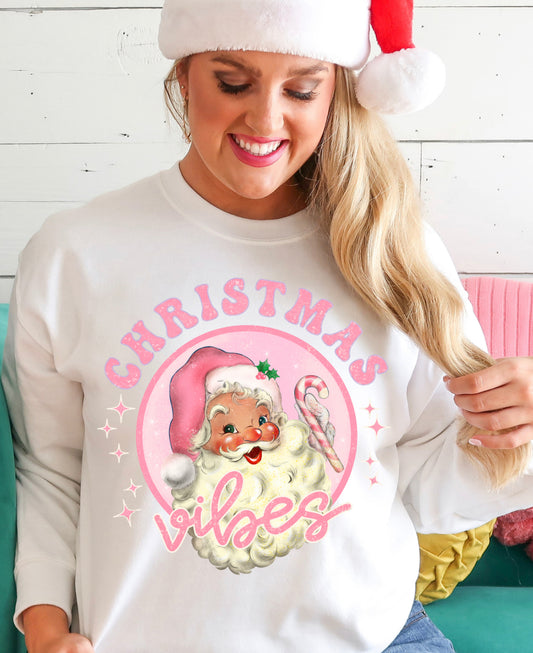 Retro Santa Christmas Vibes Crew Neck – Pink Festive Sweatshirt