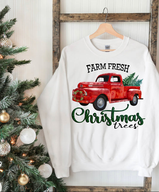 Red Truck Farm Fresh Christmas Trees Sweatshirt – Festive Holiday Apparel