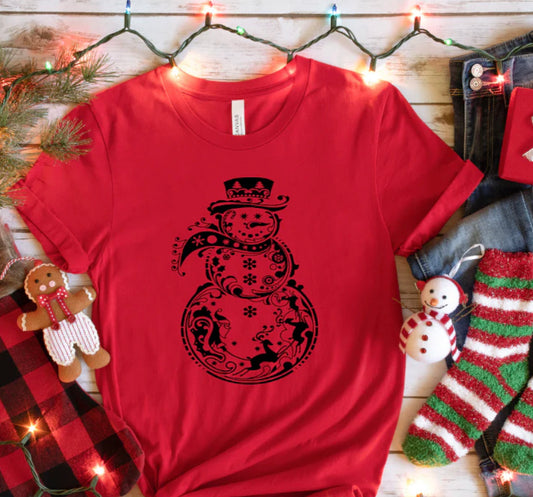 Decorative Snowman Red T-Shirt | Whimsical Holiday Christmas Tee