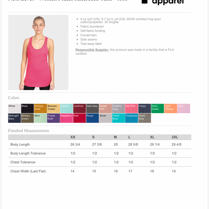 Product sheet for Next Level women's racerback tank top with color swatches and size chart.