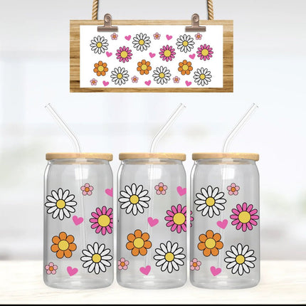 16 oz Can Glass – Vibrant White, Pink & Orange Daisy Design - Daisy Designs & Creations, LLC