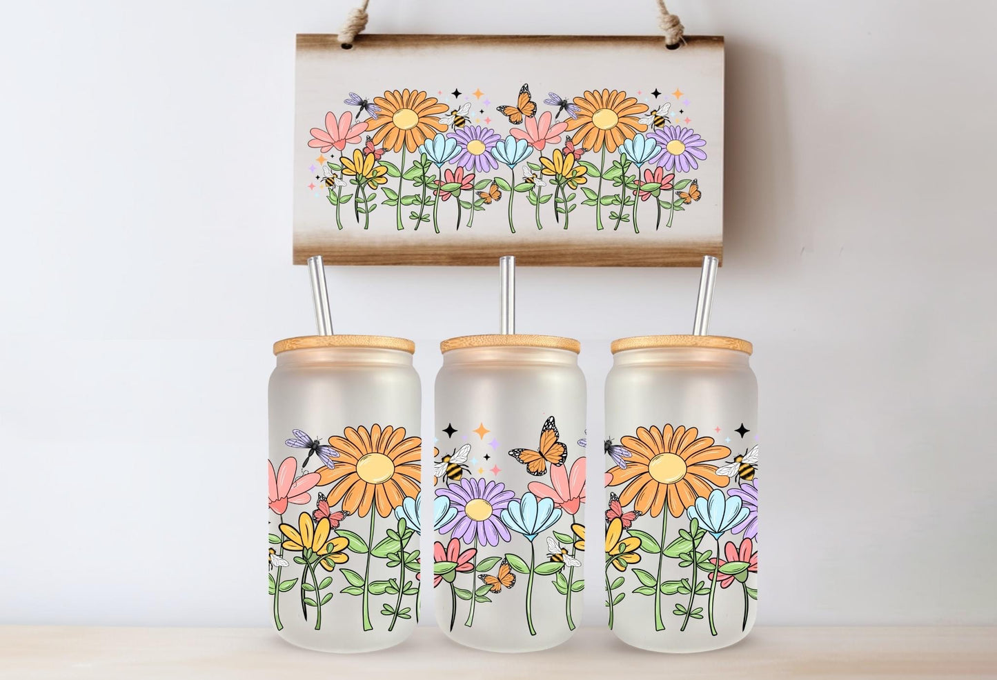 16 oz Can Glass – Spring Wildflowers Design