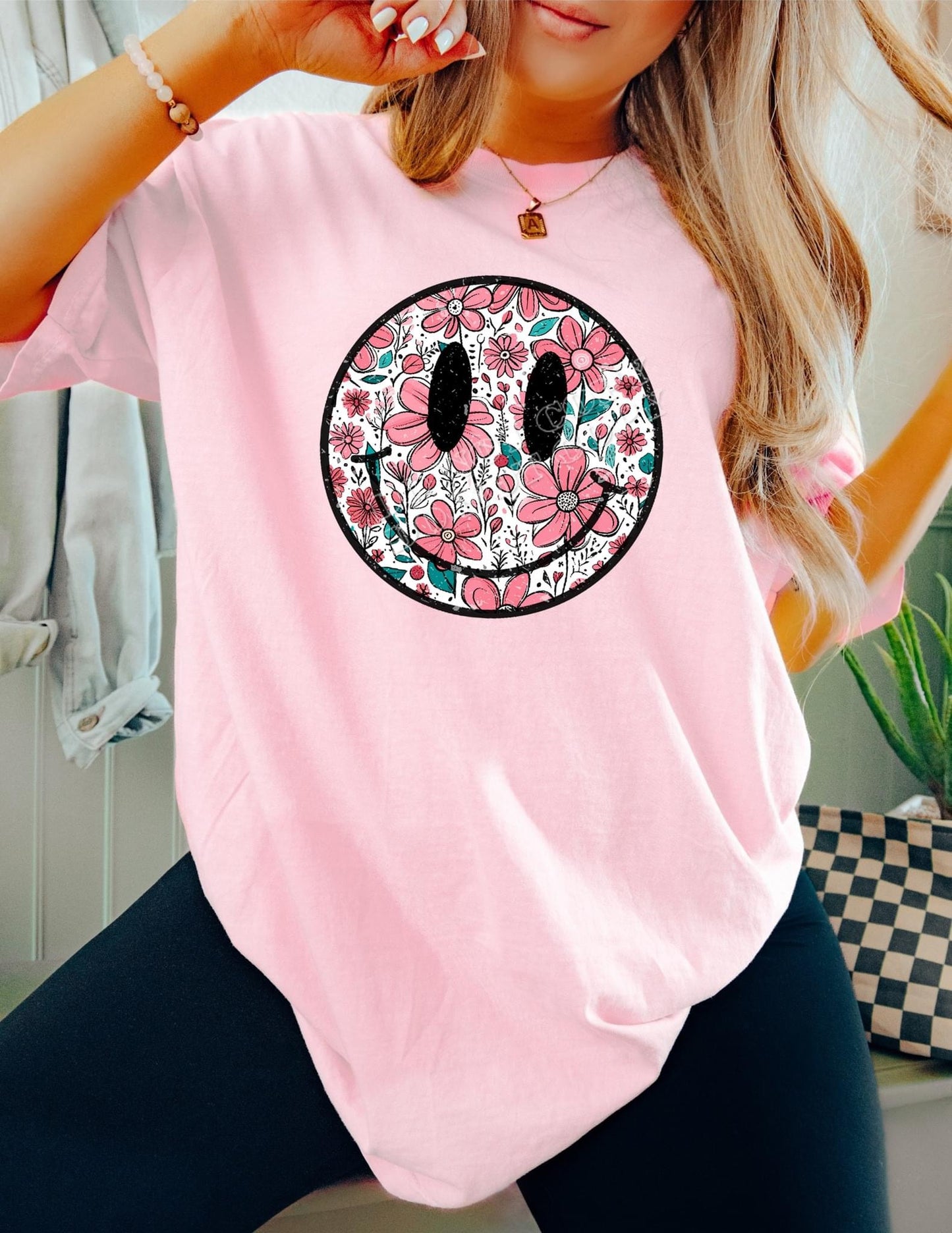 Smiley Face T-Shirt with Pink Daisy Flowers – Fun & Floral