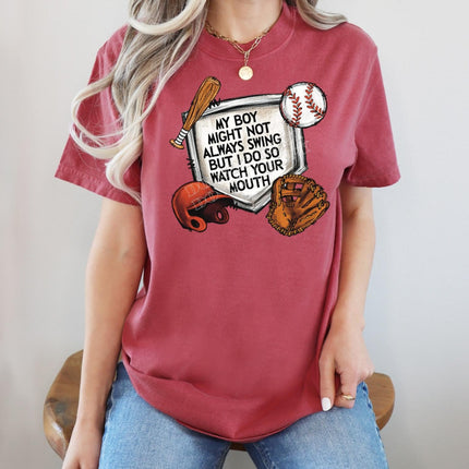 My Boy Don’t Swing, But I Do' Baseball T-Shirt – Fun & Sporty Tee - Daisy Designs & Creations, LLC