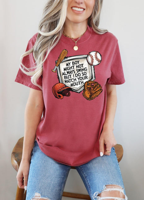 My Boy Don’t Swing, But I Do' Baseball T-Shirt – Fun & Sporty Tee - Daisy Designs & Creations, LLC
