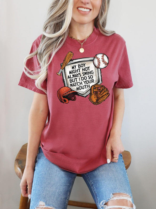 My Boy Don’t Swing, But I Do' Baseball T-Shirt – Fun & Sporty Tee - Daisy Designs & Creations, LLC