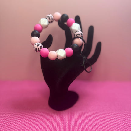 Pink & Black Silicone Beaded Wristlet Keychain | Animal Print Wristlet