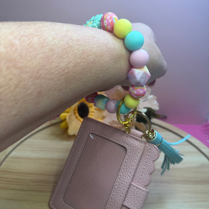 Large Pink Daisy Wristlet Wallet Keychain Combo | Handmade Silicone Beaded Wallet with ID Holder