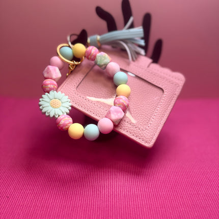Large Pink Daisy Wristlet Wallet Keychain Combo | Handmade Silicone Beaded Wallet with ID Holder