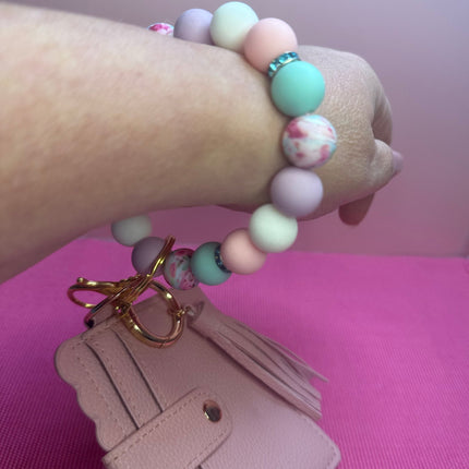 Pastel Floral Wristlet Wallet Combo | Faux Leather ID Wallet with Silicone Beaded Wristlet